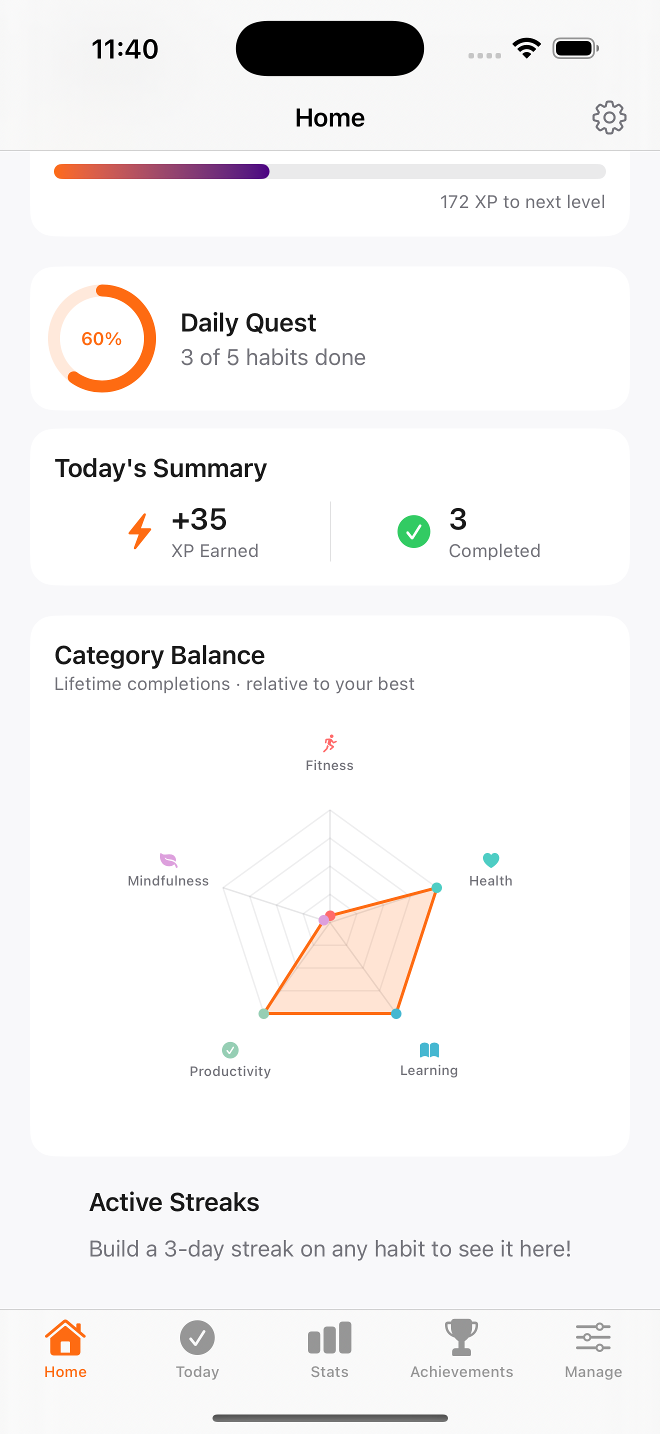 Home dashboard with XP and radar chart